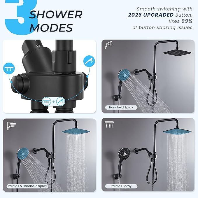 Dual Shower Head Combo, 8'' High Pressure Rain Shower Head with Handheld Spray, 6+1 Spray Settings Handheld Showerhead, Height Adjustable, One-touch Pause Button, Matte Black