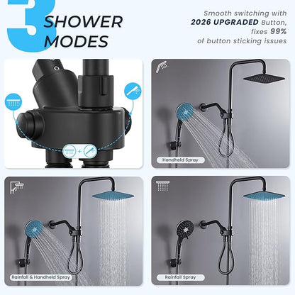 Dual Shower Head Combo, 8'' High Pressure Rain Shower Head with Handheld Spray, 6+1 Spray Settings Handheld Showerhead, Height Adjustable, One-touch Pause Button, Matte Black
