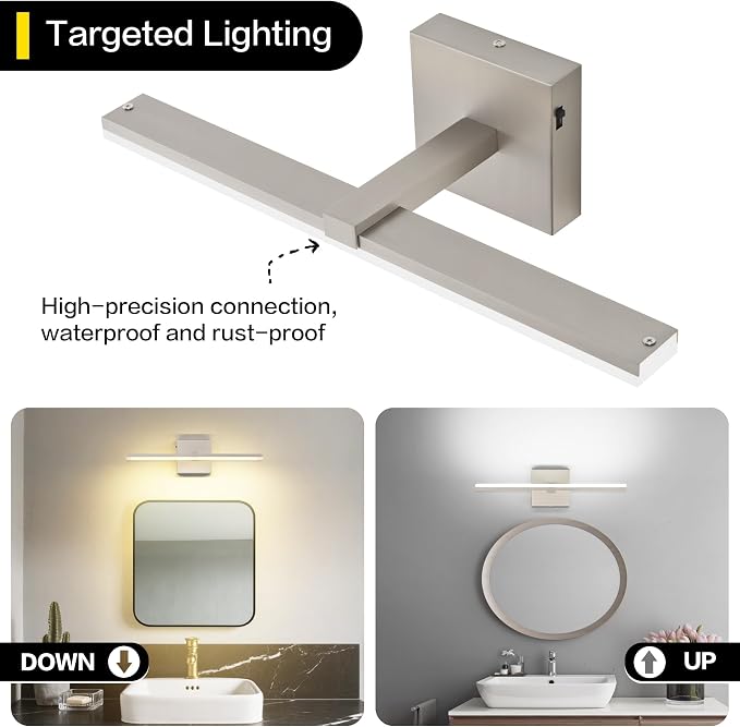18 Inch Vanity Lights for Bathroom Brushed Nickel Over Cabinet Arm Extra Wide LED Bar 5CCT 2900K 6000K ETL IP44