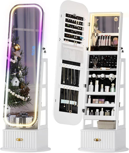 Jewelry Armoire with RGB Vanity Mirror and Foldable Makeup Shelf - White | SKKTKT Standing Jewelry Armoire - RGB Vanity Mirror, Rotating Storage and Foldable Makeup Shelf