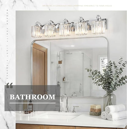 5-Light Modern Bathroom Light Fixture Chrome Vanity Lights Over Mirror Wall Sconce Lighting with K9 Crystal Shades Bathroom Wall Lamp E26 Base for Bedroom, Living Room, Hallway