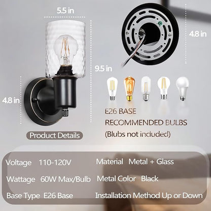 Wall Sconces Set of 2 - Matte Black Vanity Lights for Bathroom Modern Wall Light Fixtures with Rotary Switch - Wall Mount Light with Hammered Glass,Farmhouse Wall Lamp for Bedroom Mirror Living Room