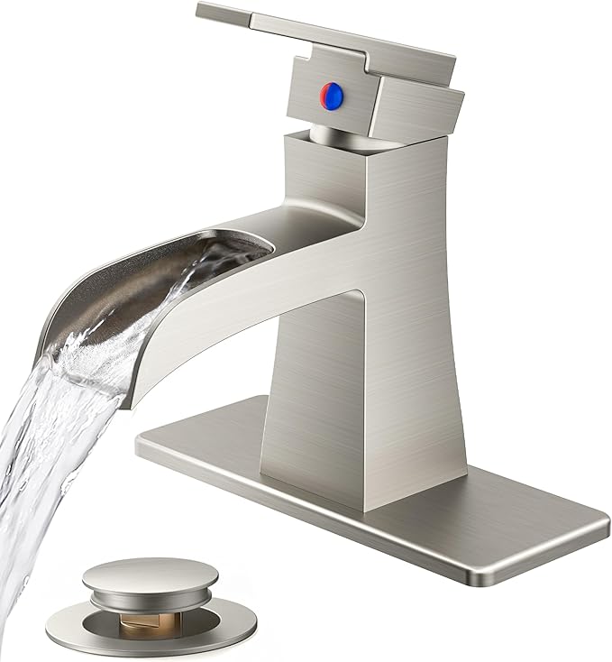 FORIOUS Brushed Nickel Bathroom Faucet 1 or 3 Holes, Vanity Faucet Single Handle with Pop-Up Drain and Water Supplies for Commercial, Lavatory, Restroom, Farmhouse