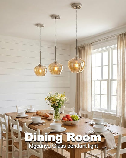 Amber Pendant Lights Kitchen Island, 7.7" Modern Glass Adjustable Pendant Lighting Brushed Nickel Hanging Light Fixtures for Kitchen, Dining Room, Sink, Bathroom