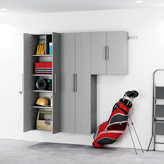 Prepac HangUps 24'' Upper Cabinet, Wall Hanging Storage Cupboard for Garage, Bathroom, Kitchen, Laundry Room Organization, Light Gray with Satin Nickel Handles