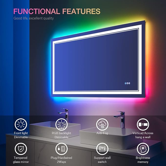48x30 Inch RGB LED Bathroom Mirror with Lights | Front and RGB Backlit, Dimmable, Memory, Anti Fog, Shatterproof, Horizontal/Vertical, Lighted Mirrors for Bathroom Wall