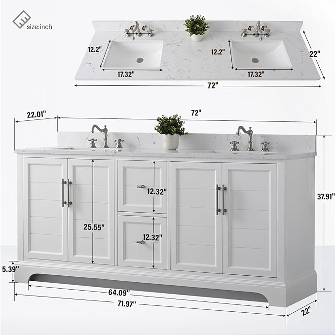 HOMEBEYOND 72 Inch Bathroom Vanity with Double Sink & Ceramic Top, Vanity Cabinet with Center Countertop Basin, Soft-Closing Doors, Backsplash, White