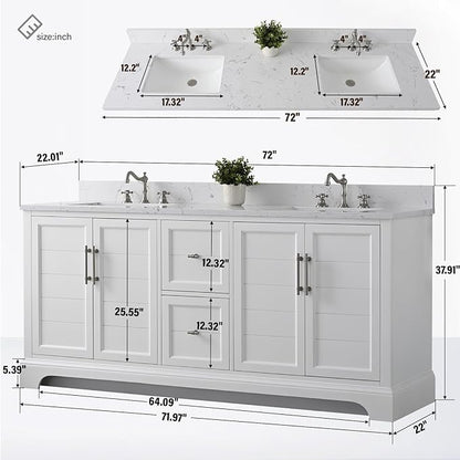 HOMEBEYOND 72 Inch Bathroom Vanity with Double Sink & Ceramic Top, Vanity Cabinet with Center Countertop Basin, Soft-Closing Doors, Backsplash, White