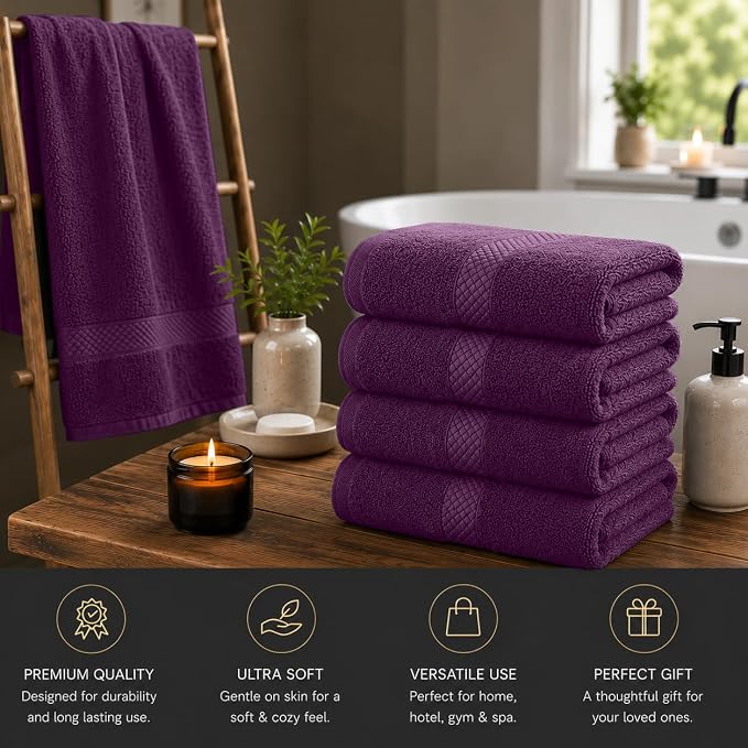 DAN RIVER 600 GSM Cotton Large Bath Towels Set of 4, 27 x 54 Inches, Purple | Larger & Lighter Weight Towels for Bathroom - Highly Absorbent & Quick Dry 100% Cotton Bath Towel Set for Home, Spa & Hotel