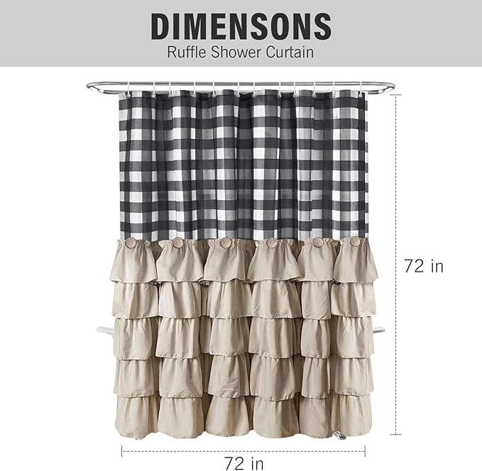 Seasonwood Farmhouse Shower Curtain Set with 12 Hooks Boho Shower Curtain with Button Bathroom Decor Black Buffalo Plaid Pattern with Fabric Ruffles Waterproof with Washable Durable 72"x72"