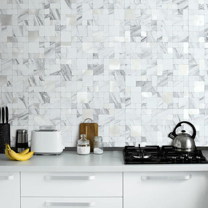 DICOFUN 1 Sheet White Marble Look Peel and Stick Tile Backsplash, Mixed Metal Silver Chips Kitchen and Bathroom Tiles, Stick on Backsplash for Stove