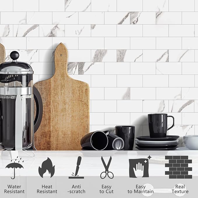 STICKGOO 10-Sheet Subway Tile Peel and Stick Backsplash, Calacatta | Marble Look Kitchen Backsplash Wall Tiles, Peel and Stick Wall Panels for Bathroom, Fireplace, RV