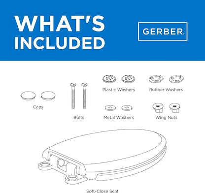 Gerber Round Front Toilet Seat with Cover, Soft Close, No Slam, Quick & Easy Install, Heavy-Duty Plastic, Durable & Fade-Resistant, White GC550129