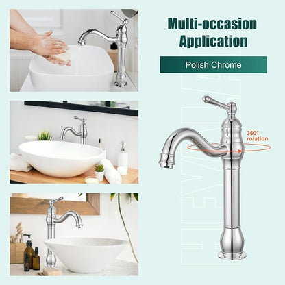Heyalan Tall Vessel Sink Faucet, Single Handle 1-Hole,Polish Chrome | SUS304 stainless steel, 360° swivel spout, includes pop-up drain & hoses, deck mount 1-hole, tall design for vessel sink