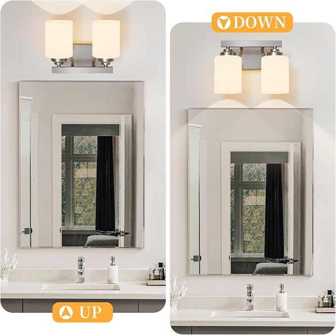 Bathroom Light Fixtures, Vanity Light Over Mirror Nickel 2-Light Fixture | Modern bathroom vanity light fixture with metal frame, ideal for mirrors, bedrooms and hallways. Fits E26 bulbs.