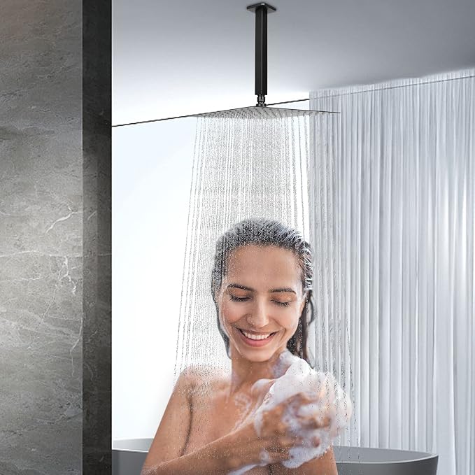 NearMoon Rain Shower Head With Shower Arm, Ceiling Mount Square Shower, Stainless Steel Ceiling Rainfall Showerhead- Waterfall Full Body Coverage (12 Inch, Matte Black)