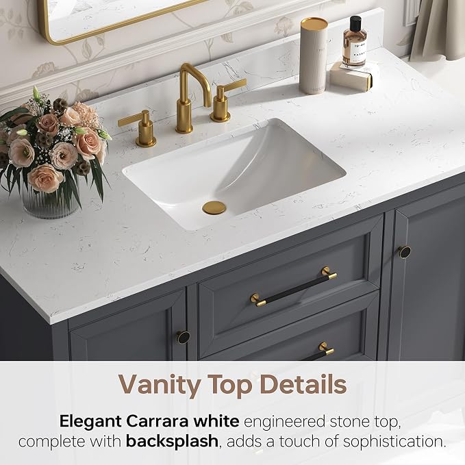 48 Inch Bathroom Vanity with Sink, Fully Assembled, Deep Grey | Solid wood vanity with engineered stone countertop and backsplash, Soft-close doors, 3 dovetail drawers, Ceramic Sink