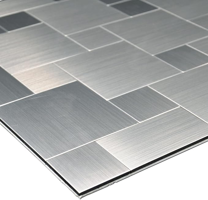 Art3d Metal Peel and Stick Backsplash Tile, 10-Pack, Brushed Silver | Stainless Steel, Self Adhesive, Waterproof, Durable, Seamless Splicing, Ideal for Kitchens, Bathrooms