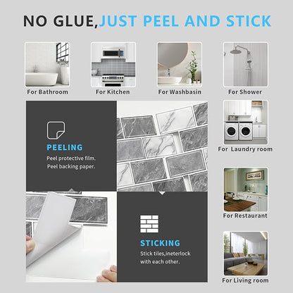 URCOLOR 10-Sheet Peel and Stick Backsplash Tile Sticker for Kitchen,12"x12" Self Adhesive Subway Wall Tiles Stick on Back Splashes for Bathroom White Gray Marble Design