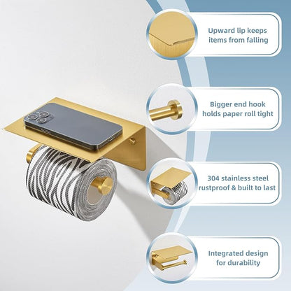 Toilet Paper Holder, Brushed Gold, 304 Stainless Steel | Wet Wipes & Air Freshener Storage, Space-Saving Design, Family Bath & Rental Apartment Use, Modern Bathroom Refresh