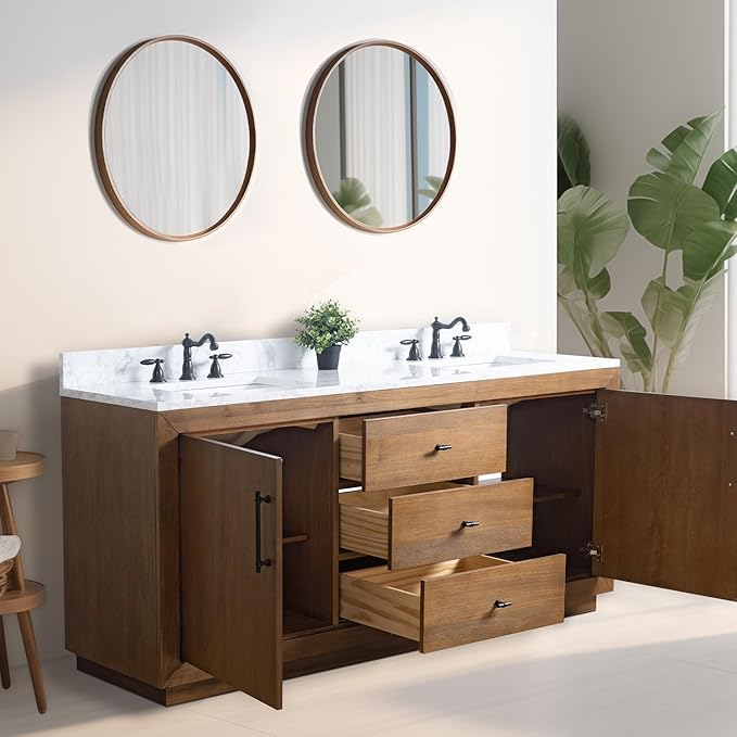 Vanity Art 72 inch Double Sink Bathroom Vanity, Solid Poplar Wood, Vanity Cabinet with Doors and Shelf, Modern Wood Bathroom Vanity with White Marble Top 3 Functioning Drawers, VA70-72-DT-E