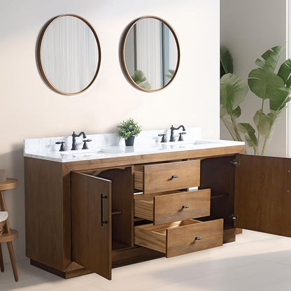 Vanity Art 72 inch Double Sink Bathroom Vanity, Solid Poplar Wood, Vanity Cabinet with Doors and Shelf, Modern Wood Bathroom Vanity with White Marble Top 3 Functioning Drawers, VA70-72-DT-E