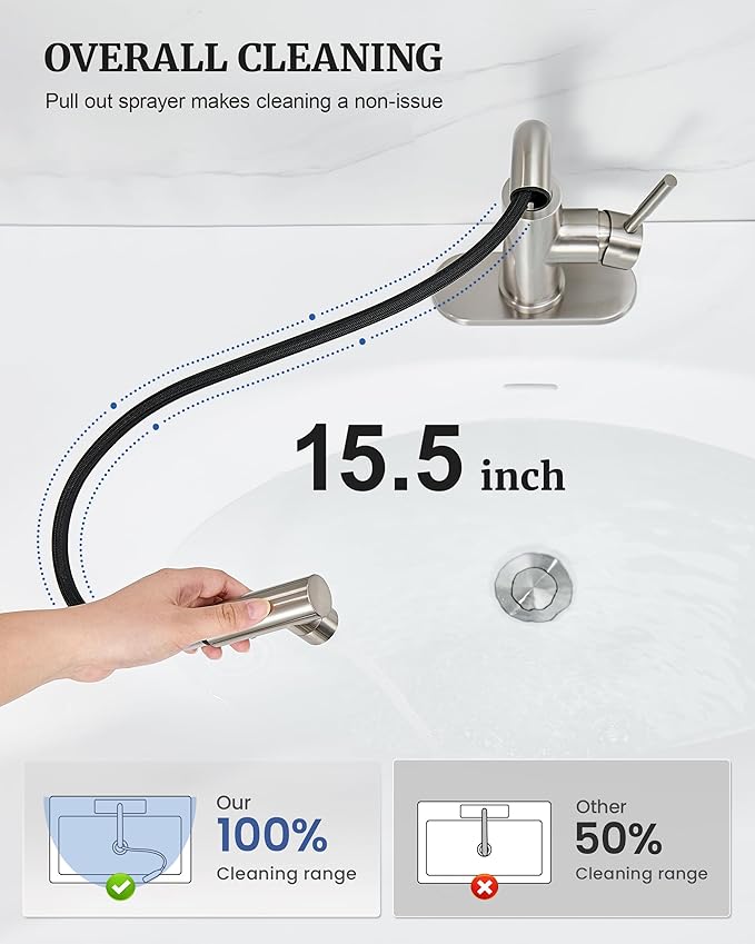 Ultimate Unicorn Brushed Nickel Single Handle Modern Bathroom Faucet with Pull Out Sprayer, 15.5" Retractable Hose, 360 Swivel Spout, Pop Up Drain, Stainless Steel, 1 Hole Installation