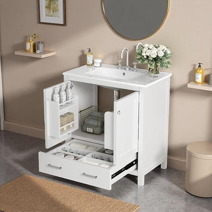 30" Freestanding Bathroom Vanity with Sink, Floor Stand Bathroom Storage Cabinet with Ceramic Sink, Doors with Double-Layered Storage Shelves, Modern Compact Vanity with Divided Drawer, White