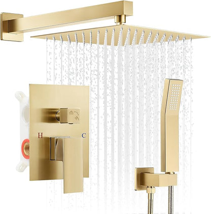Gold Shower Faucet Set, 10 inch Rain Shower System with Pressure Balance Valve, Wall Mounted 2-Functions Bathroom Shower Systems with Rain Shower and Handheld Spray Shower Trim Included