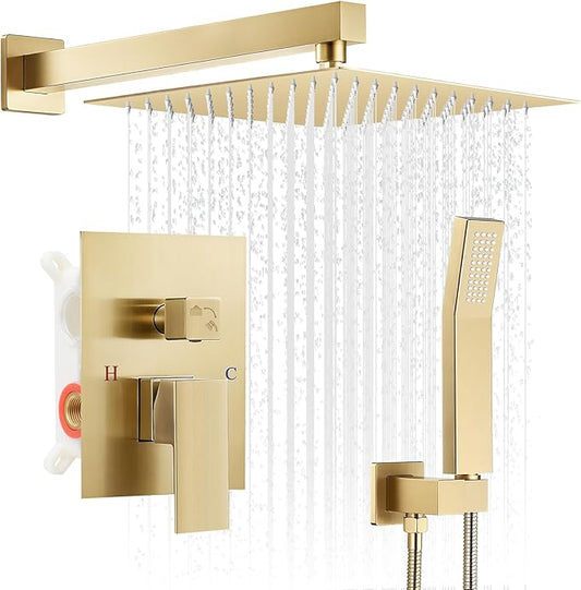 Gold Shower Faucet Set, 10 inch Rain Shower System with Pressure Balance Valve, Wall Mounted 2-Functions Bathroom Shower Systems with Rain Shower and Handheld Spray Shower Trim Included