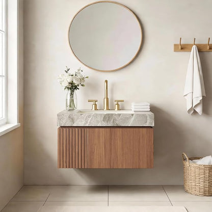 Ambrovina 30" Floating Bathroom Vanity with Sink, Modern Plywood Storage Cabinet with Drawer and Door, Light Gray Sintered Stone Countertop and 3 Pre-drilled Faucet Holes Ceramic Basin, Dark Oak