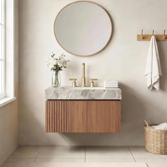 Ambrovina 30" Floating Bathroom Vanity with Sink, Modern Plywood Storage Cabinet with Drawer and Door, Light Gray Sintered Stone Countertop and 3 Pre-drilled Faucet Holes Ceramic Basin, Dark Oak