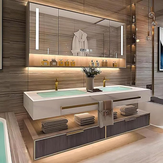 Double Bathroom Vanity - 76 Inch Luxurious Bathroom Vanity with Sink Includes Modern Metal Luxury Style,Modern Cabinet with Towel Hanging & Led Light,Slate Countertop