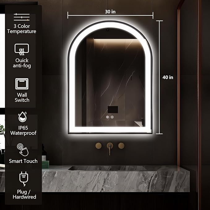 Arched LED Bathroom Mirror, 40"x30" Arch Backlit Vanity Mirror with Lights, Frontlit, Dimmable, 3 Colors, Memory Function, Anti-Fog Smart Mirror, Black Frame, Shatterproof, UL Listed