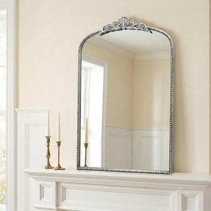 Micasso Bathroom Mirror for Over Sink: 24"x36" Silver Vintage Arched Mirror | Traditional Ornate Baroque Decorative Antique Wall Mirror for Bedroom/Entryway/Hallway/Dresser/Vanity/Mantel/Nightstand