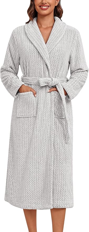 Ekouaer Women's Robe Long Plush Soft Bathrobe Cozy Warm Robes Shawl Collar Sleepwear with Pockets