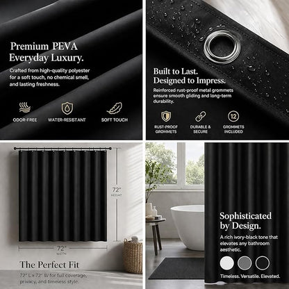EHZNZIE Black Shower Curtain Liner 72x72, PEVA Waterproof Bath Curtain, No Chemical Smell, 3 Weighted Magnets, Durable with Rustproof Metal Grommets