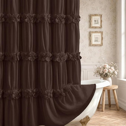 Ruffle Farmhouse Linen Shower Curtain with Vintage Bow Brown 72" W x 72" H | Linen Blend Fabric, Ruffle Bow and Ruffled Hem，Linen Texture，Machine Washable，12 Metal Holes and Plastic Hooks
