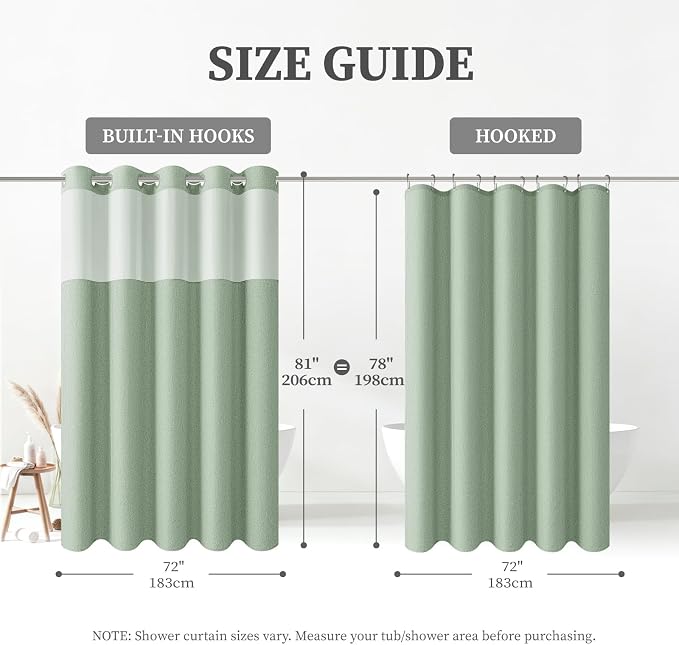 72x81 Ringless Linen Look Shower Curtain with Snap in Liner Sage Green | Tall Size, 3 in 1 Shower Curtain Set, Removable Liner, Waterproof & Washable, Mesh Top Window, Durable Fabric, Easy Setup
