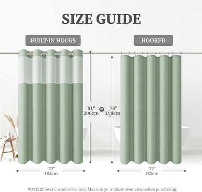 72x81 Ringless Linen Look Shower Curtain with Snap in Liner Sage Green | Tall Size, 3 in 1 Shower Curtain Set, Removable Liner, Waterproof & Washable, Mesh Top Window, Durable Fabric, Easy Setup