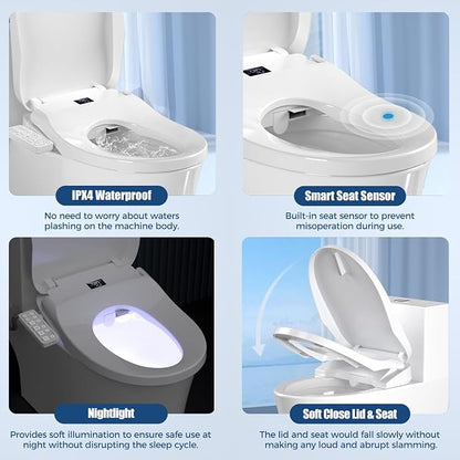 Electric Bidet Toilet Seat Elongated, Heated Smart Toilet Seat Side Control | Instant Warm Water, Multiple Washing Modes, Warm Air Dryer, Self-Cleaning Nozzle, Quiet-Close Lid, Night Light