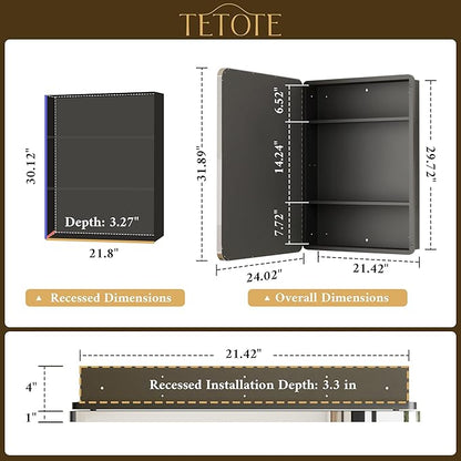 TETOTE 24 X 32 Medicine Cabinet Mirror Polished Chrome Stainless Steel Framed Bathroom Mirror Cabinet with Adjustable Shelves Recessed Mounted/Surface Mounted Medicine Cabinet with Mirror