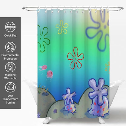 Cute Anime Cartoon Green Ocean Beach Kids Shower Curtain Set 72x78 Inches | Cute Anime Cartoon Green Ocean Beach Print, Gradient Underwater Housewarming Sea Lover Guest Kids Bathroom Decor, With Hooks