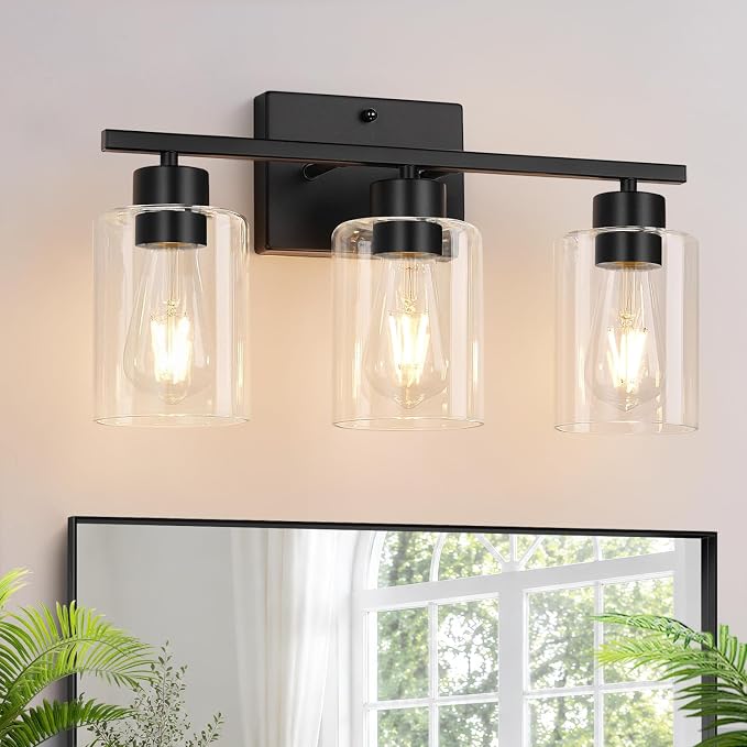 3-Light Bathroom Light Fixtures, Modern Black Vanity Light with Clear Glass Shades for Bathroom Vanity Lighting