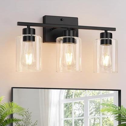 3-Light Bathroom Light Fixtures, Modern Black Vanity Light with Clear Glass Shades for Bathroom Vanity Lighting