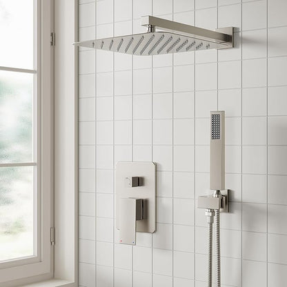 ESNBIA Shower System,10 Inches Shower Faucet Set with Pressure Balance Valve, Rain Shower Head with Handheld Spray Combo, Brushed Nickel