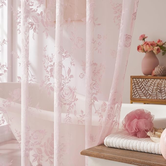 SEEKRIGHT Pink Lace Shower Curtain with Attached Valance Romantic Floral Shower Curtain Cute Scalloped Edge Lace Shabby Chic Bath Curtains for Spa Hotel Bathroom Farmhouse Decor, 1 Panel, 36x72