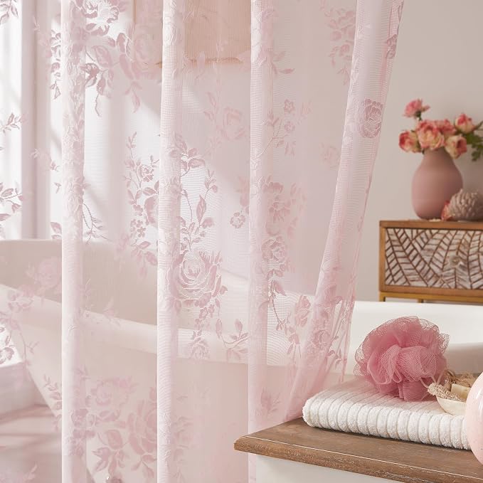 SEEKRIGHT Pink Lace Shower Curtain with Attached Valance Romantic Floral Shower Curtain Cute Scalloped Edge Lace Shabby Chic Bath Curtains for Spa Hotel Bathroom Farmhouse Decor, 1 Panel, 72x72