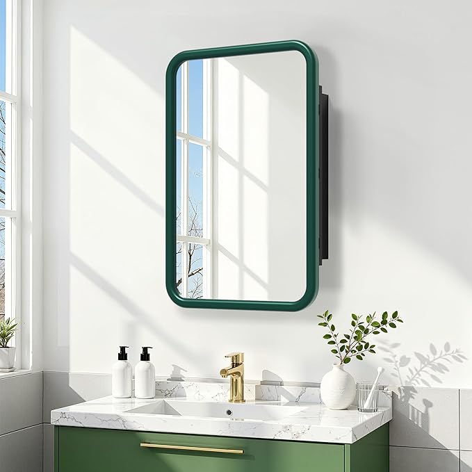 Casaphoria 30" H x 20" W Bathroom Medicine Cabinet with Mirror, Metal Frame Wall Medicine Cabinets Mirrors, Wall Mirror Cabinet, Green
