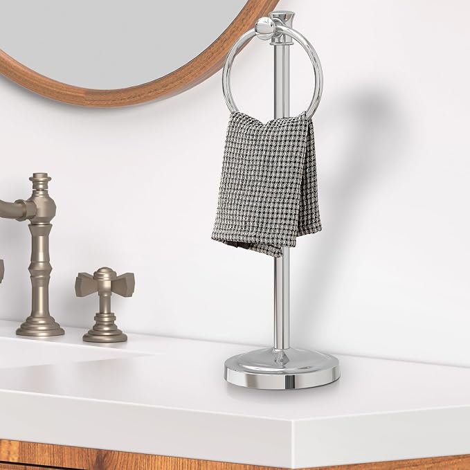 Hoimpro Hand Towel Holder Free Standing Towel Bar Polished Chrome | Hanging Floor Hand Towel Rack Ring,for Bathroom Kitchen Vanity Countertops, Hardware Accessories SUS 304 Heavy-Duty Base